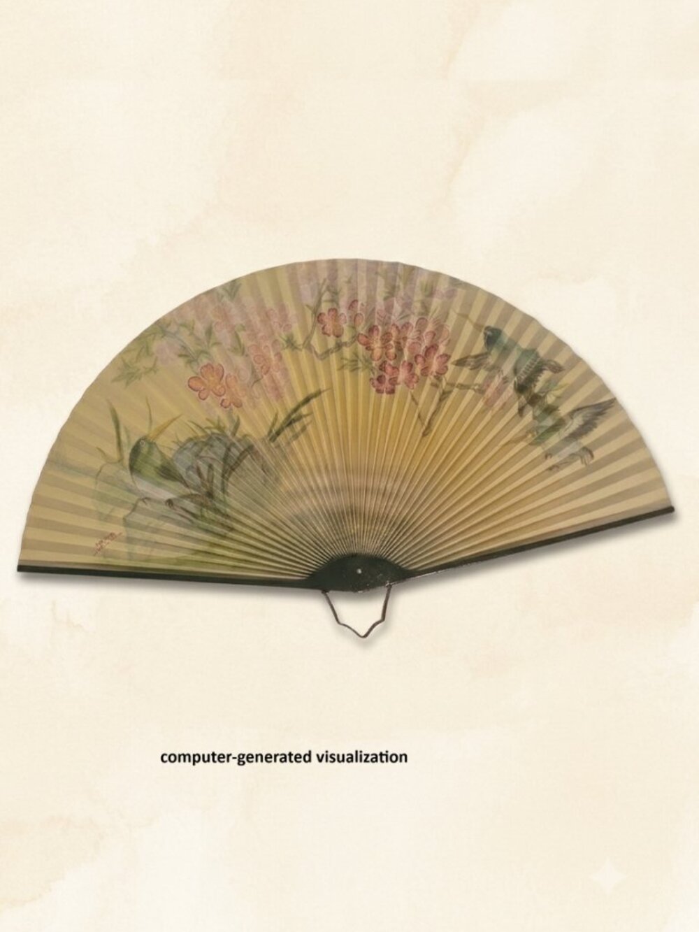 Vintage Paper & Metal Folding Hand Fan w/ Cherry Blossom & Hummingbirds
